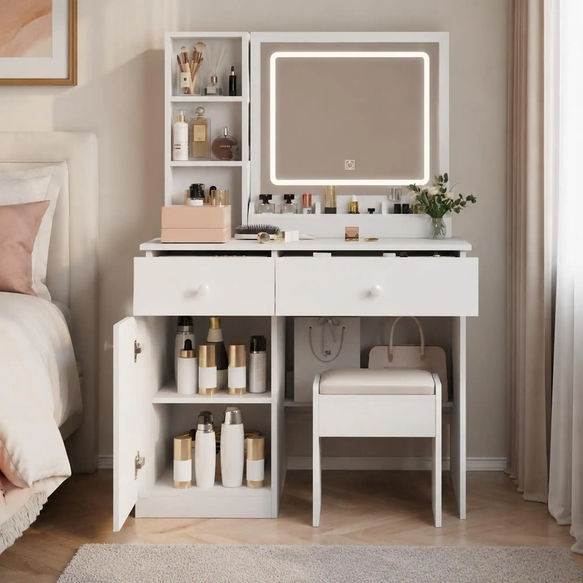 Front. RYHNUYNE - Fashion Vanity Desk with Lighted Mirror, 3 Color Modes, 2 Big Drawers, White Makeup Table Set - White.