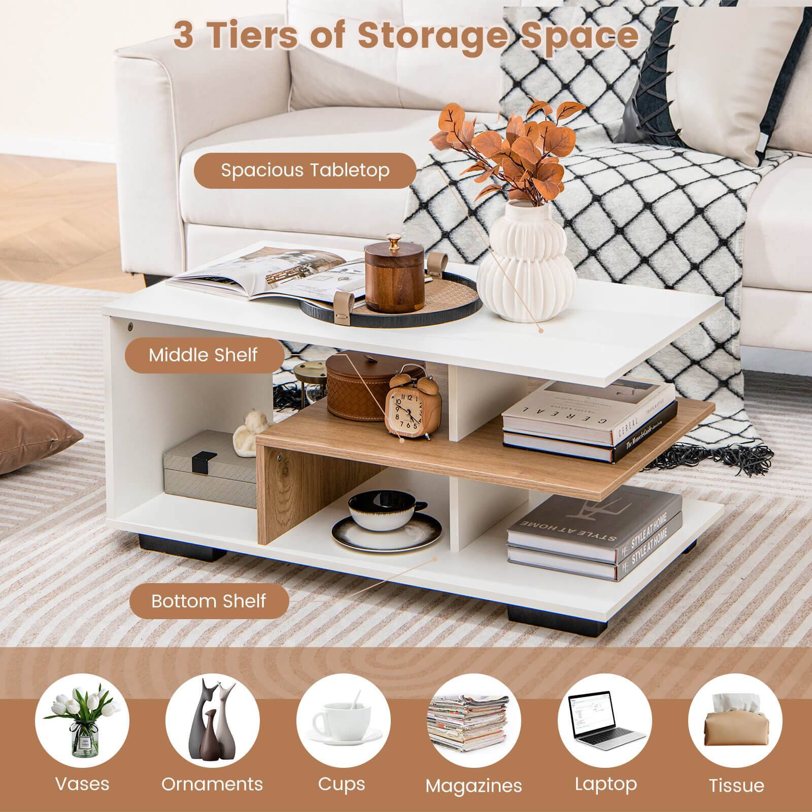 3 Tiers of Storage Space

- Spacious Tabletop
- Middle Shelf
- Bottom Shelf

Vases, Ornaments, Cups, Magazines, Laptop, Tissue