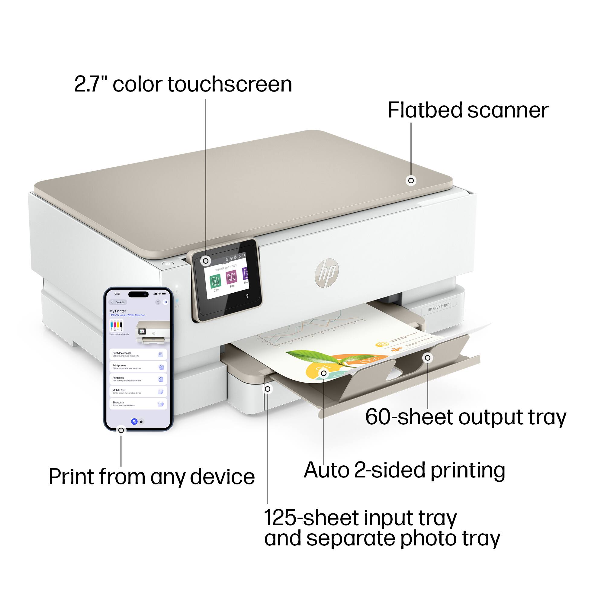 2.7" color touchscreen  
Flatbed scanner  
Print from any device  
60-sheet output tray  
Auto 2-sided printing  
125-sheet input tray and separate photo tray