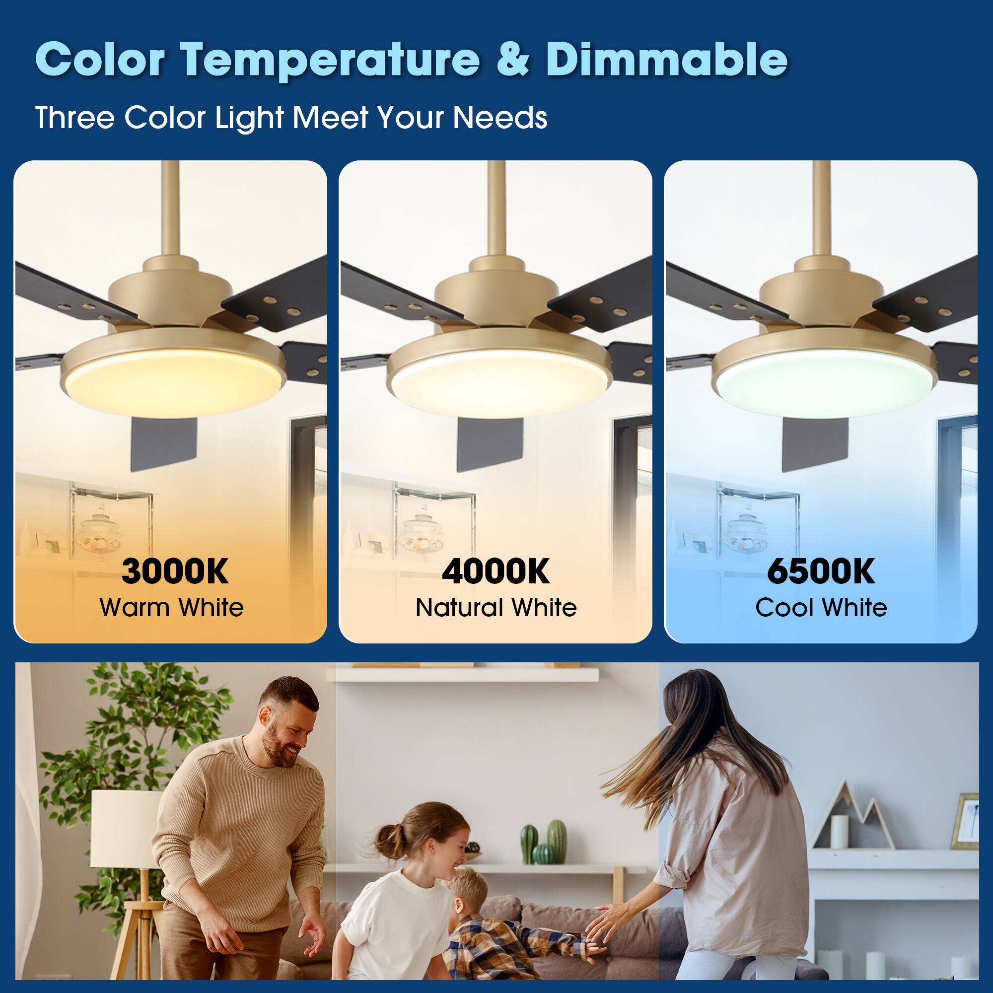 Color Temperature & Dimmable  
Three Color Light Meet Your Needs  

3000K Warm White  
4000K Natural White  
6500K Cool White