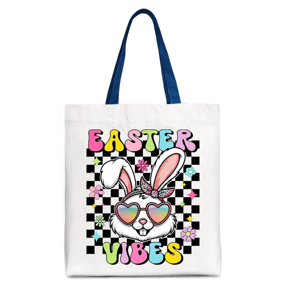 OrnamentallyYou - Retro Easter Bunny Sunglasses Tote Bag, Groovy Checkered Gift Shopper - White Navy