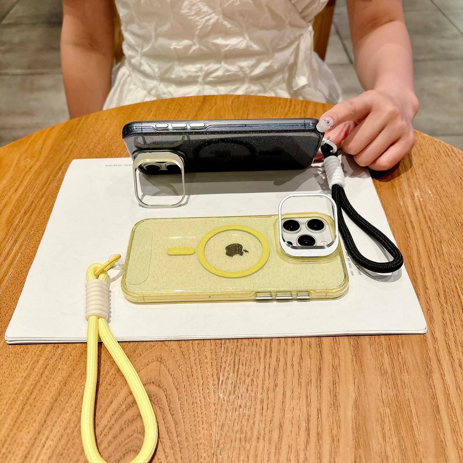 Alt View 4. Dteck - Glitter Magnetic Case for Apple iPhone 16 Pro Max,Shockproof Rugged Hidden Lens Kickstand Phone Cover with Wrist Strap - Yellow.