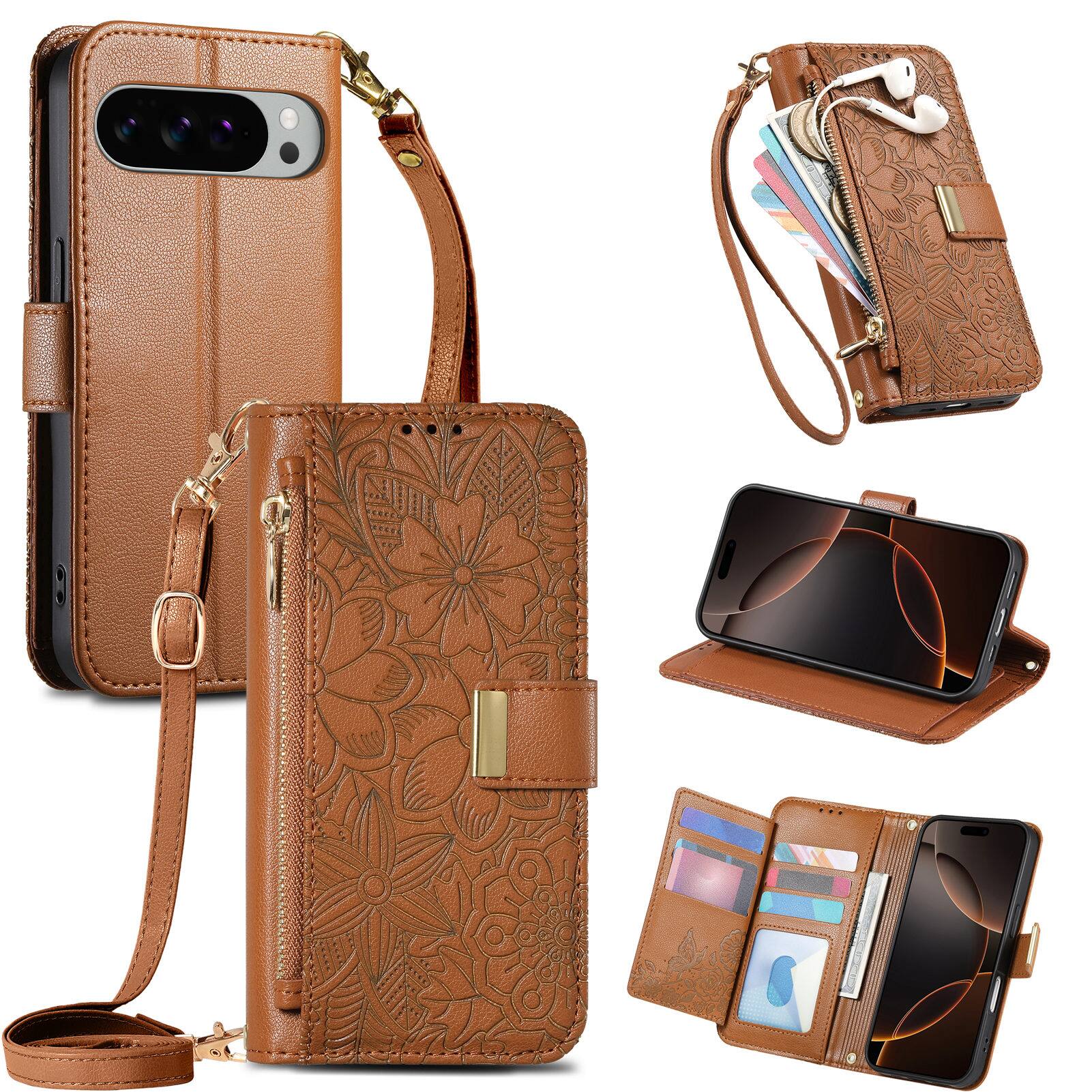 Angle. Dteck - Floral Embossed Leather Zipper Cash Slot Wallet Case for Google Pixel 10 Pro XL with Detachable Strap - Brown.