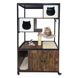 GARVEE - Litter Box Enclosure with Cat Tree - Wooden Cabinet w/Wheels, Hidden Litter Box, Hammock & Scratching Post - Brown