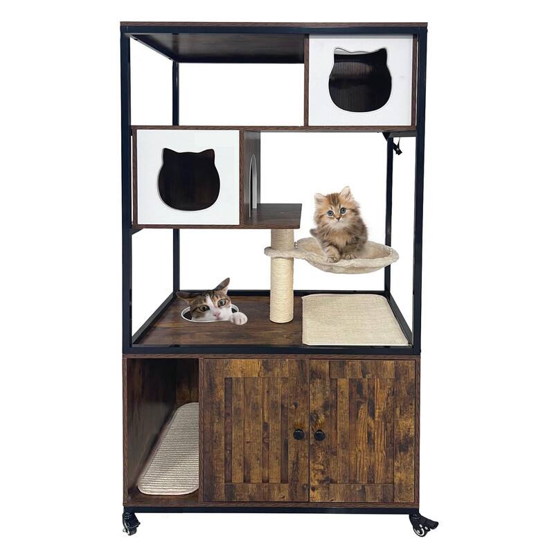 Front. GARVEE - Litter Box Enclosure with Cat Tree - Wooden Cabinet w/Wheels, Hidden Litter Box, Hammock & Scratching Post - Brown.