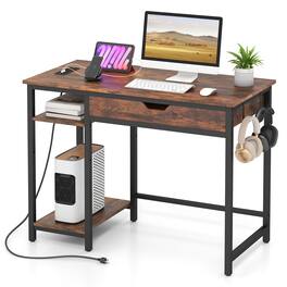 Costway - Computer Desk with Power Outlets Home Office Desk with Drawer, Adjustable Shelf Headphone Hooks - Brown