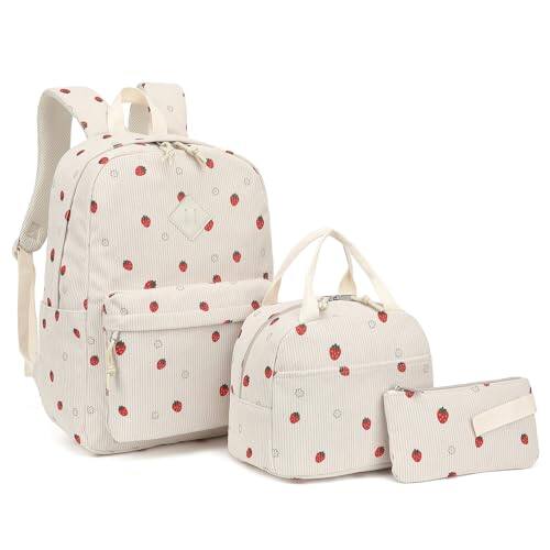 Front. Stamp n Camp - Corduroy School Backpack Teens Bookbags Schoolbag Set With Lunch Box Pencil Bag - Corduroy Red Strawberry.