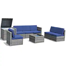 Costway - 8 PCS Wicker Sofa Rattan Furniture Set Patio Furniture w/ Storage Table - Navy