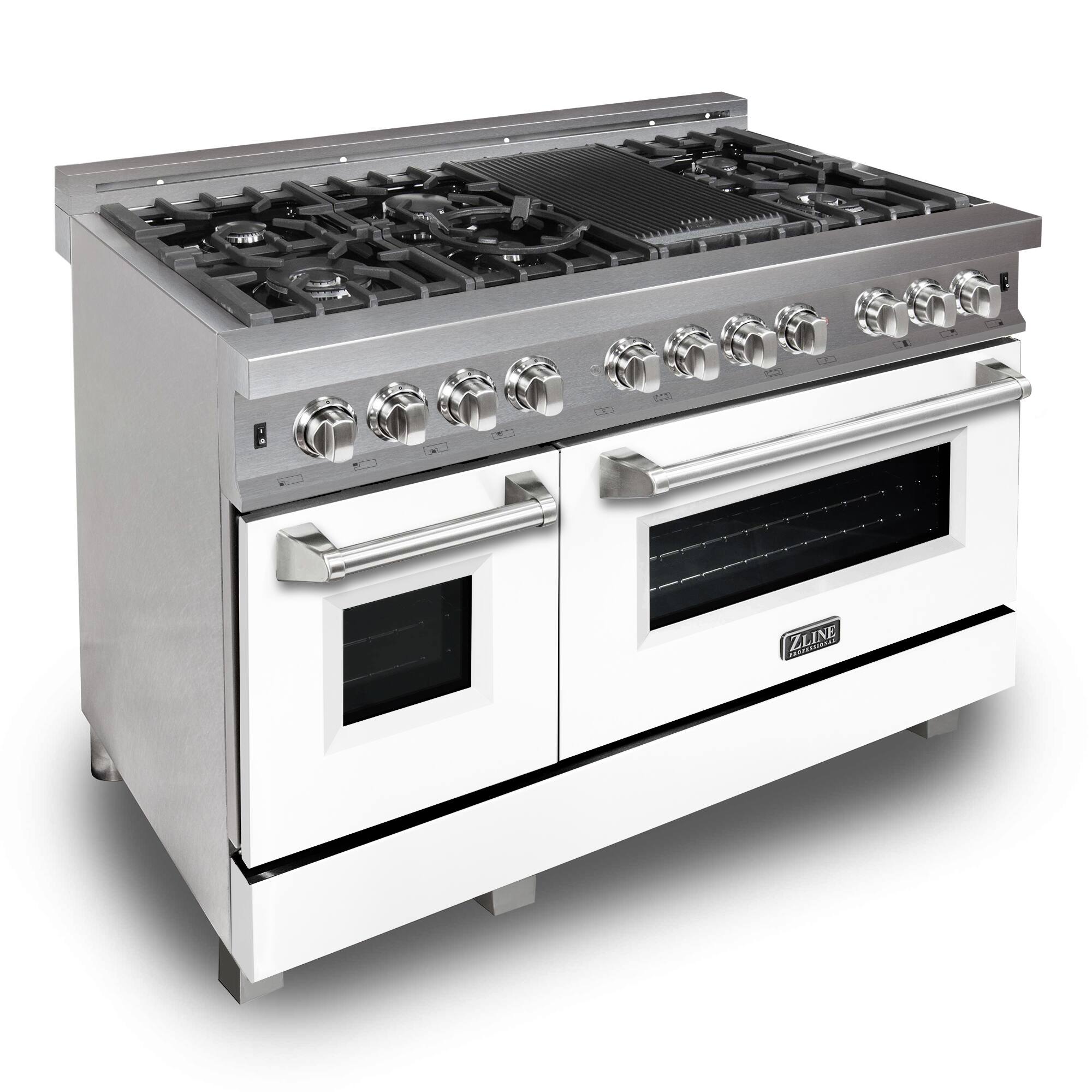 ZLINE is the brand of the stainless steel gas range oven in the image.