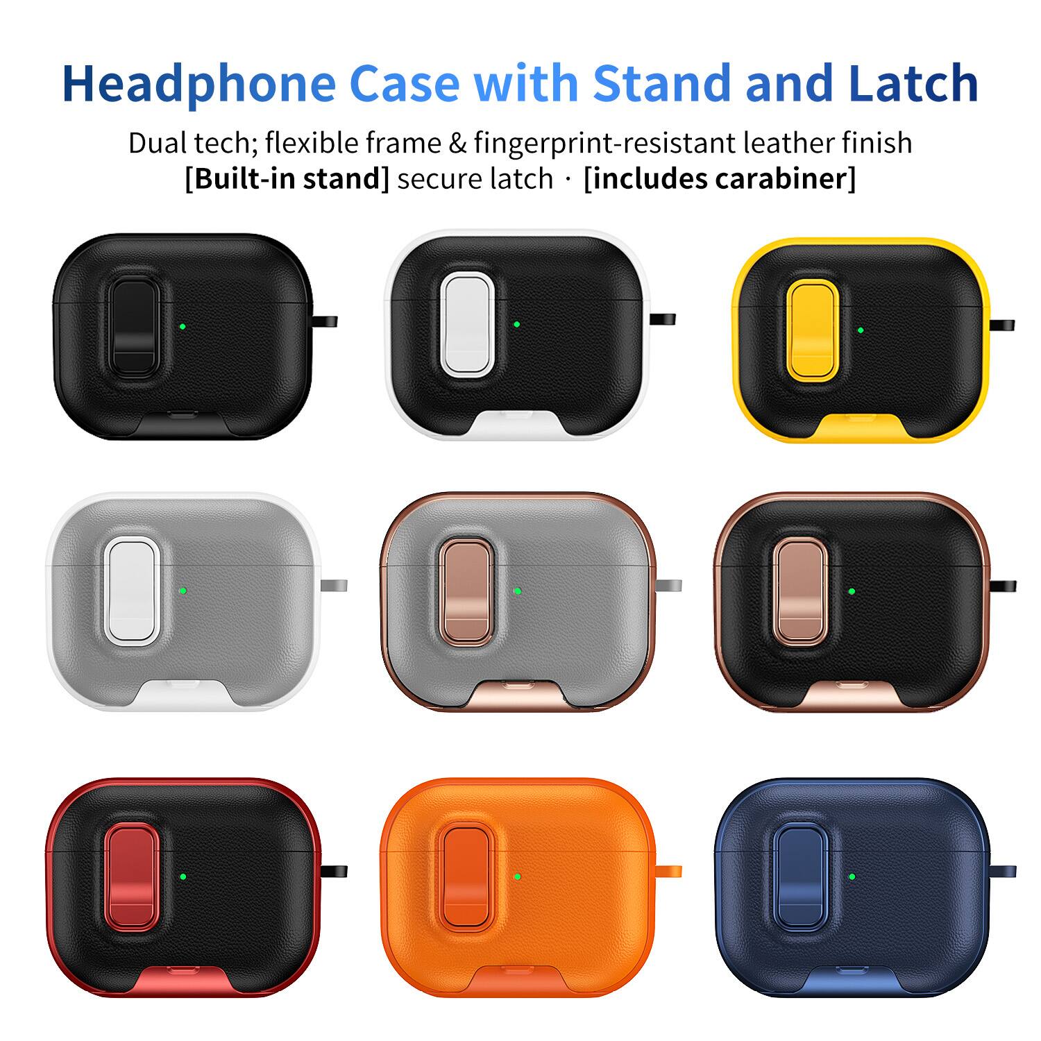 Headphone Case with Stand and Latch

Dual tech; flexible frame & fingerprint-resistant leather finish  
[Built-in stand] secure latch • [includes carabiner]