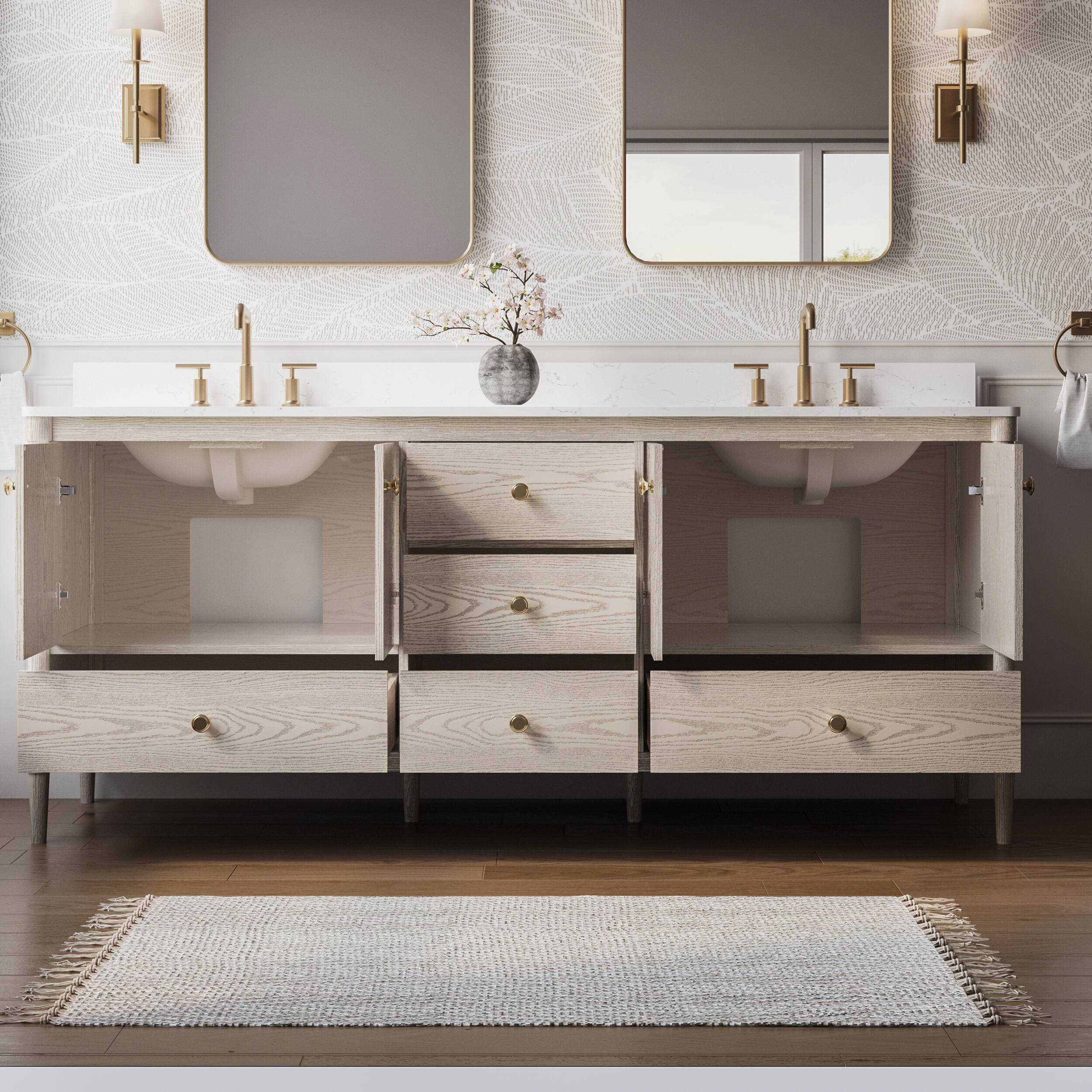 Back. WELLFOR - ETHAN 80 in. Solid Wood Bath Vanity with Quartz Top, Double Sink, Soft Close, Assembled - OAK.