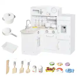 Qaba - Corner Kids Kitchen Playset, Wooden Toy Kitchen w/Drinking Fountain, Microwave, Fridge&Accessories, for 4+