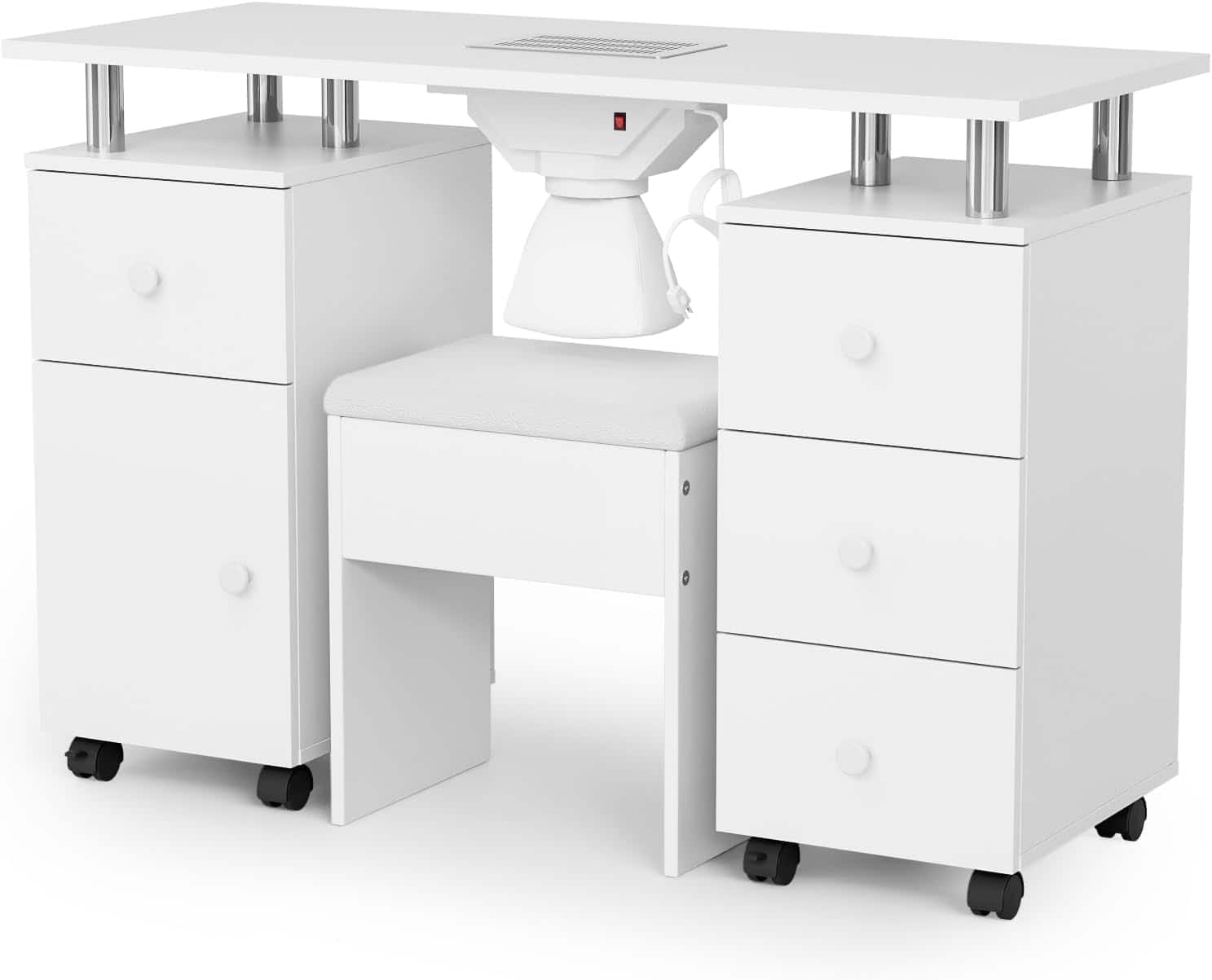 Winado - Nail Desk and Chair Set, Manicure Table with Stool, Dust Collector, Arm Rest, Wheels, Drawers, Cabinet for Makeup Beauty - White