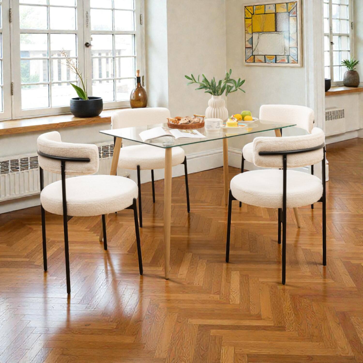 Front. Hivvago - Metal-Legged Dining Chairs Set of 4 with Cozy Boucle Seats and Ergonomic Curved Back - White.