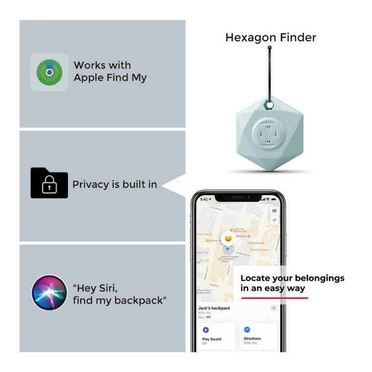 Hexagon Finder: Works with Apple Find My. Privacy is built in.

1. Thas a csmna gence.
2. One-day battery life.
3. "Hey Siri, find my backpack."
4. Locate your belongings in an easy way.
5. Jack's backpack with you.
6. No play sound of directions with you.
