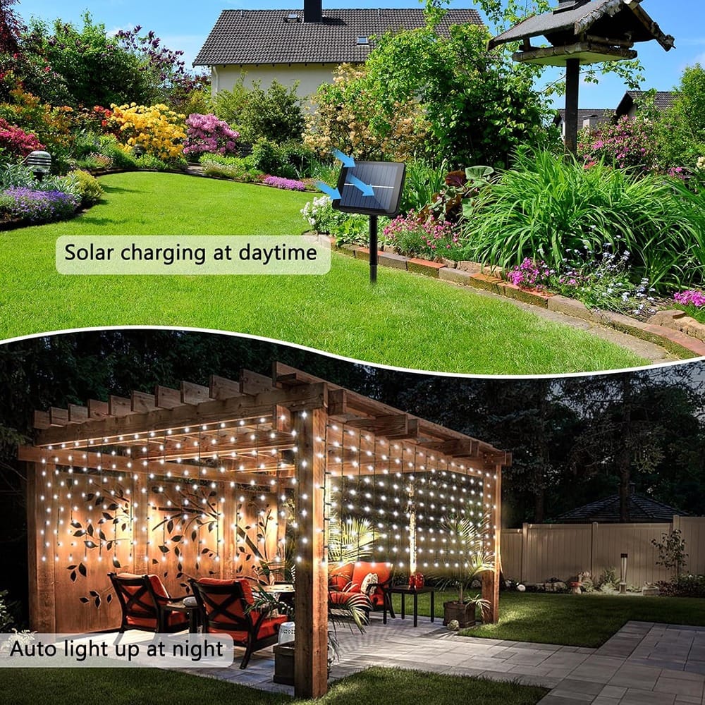 Schertz - Solar Curtain Lights powered by the sun, featuring 500 bright LEDs across a 33ft x 3ft setup—perfect for adding sparkle