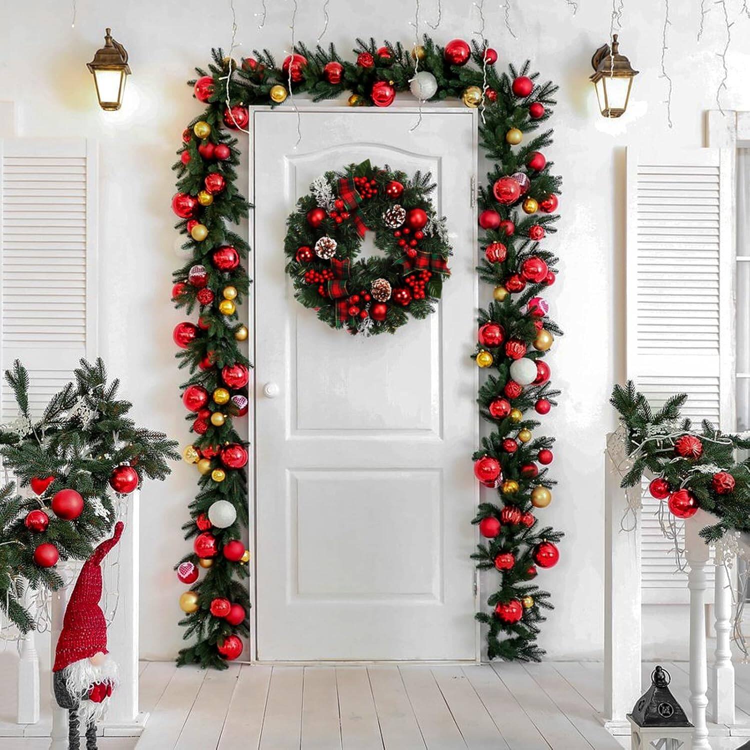 Alt View 5. Acekool - 18" Pre-Lit Christmas Wreath for Front Door, Artificial Pine with Red Berries, Pinecones, Ornaments & Festive Ribbon - Green.