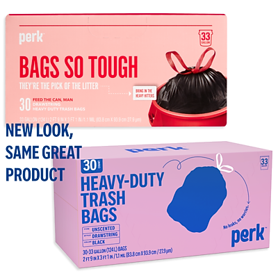**Perk**

**Bags So Tough They're the Pick of the Litter**

- 30 Drawstring Heavy-Duty Trash Bags
- 33 Gallon (124L)
- 30 Count
- New Look, Same Great Product
- Unscented
- 33 Bags
- 27.9" x 39" (71 cm x 99 cm)
- 11 Mil (275 microns)
- 30-33 cm x 93.9 cm

**Feed the Can, Man**

**Beng the Heavy Biters**

**Perk**

**Heavy-Duty Trash Bags**

- 30 Count
- Unscented
- Drawstring
- 33 Gallon (124L)
- 27.9" x 39" (71 cm x 99 cm)
- 11 Mil (275 microns)
- 33 Bags