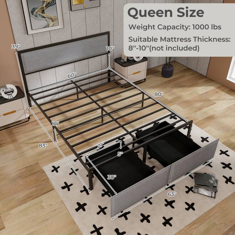 Queen Size  
Weight Capacity: 1000 lbs  
Suitable Mattress Thickness: 8"-10" (not included)  

39"  
60"  
80"  
12"  
83"  
21"  
5"  
30"  
63"
