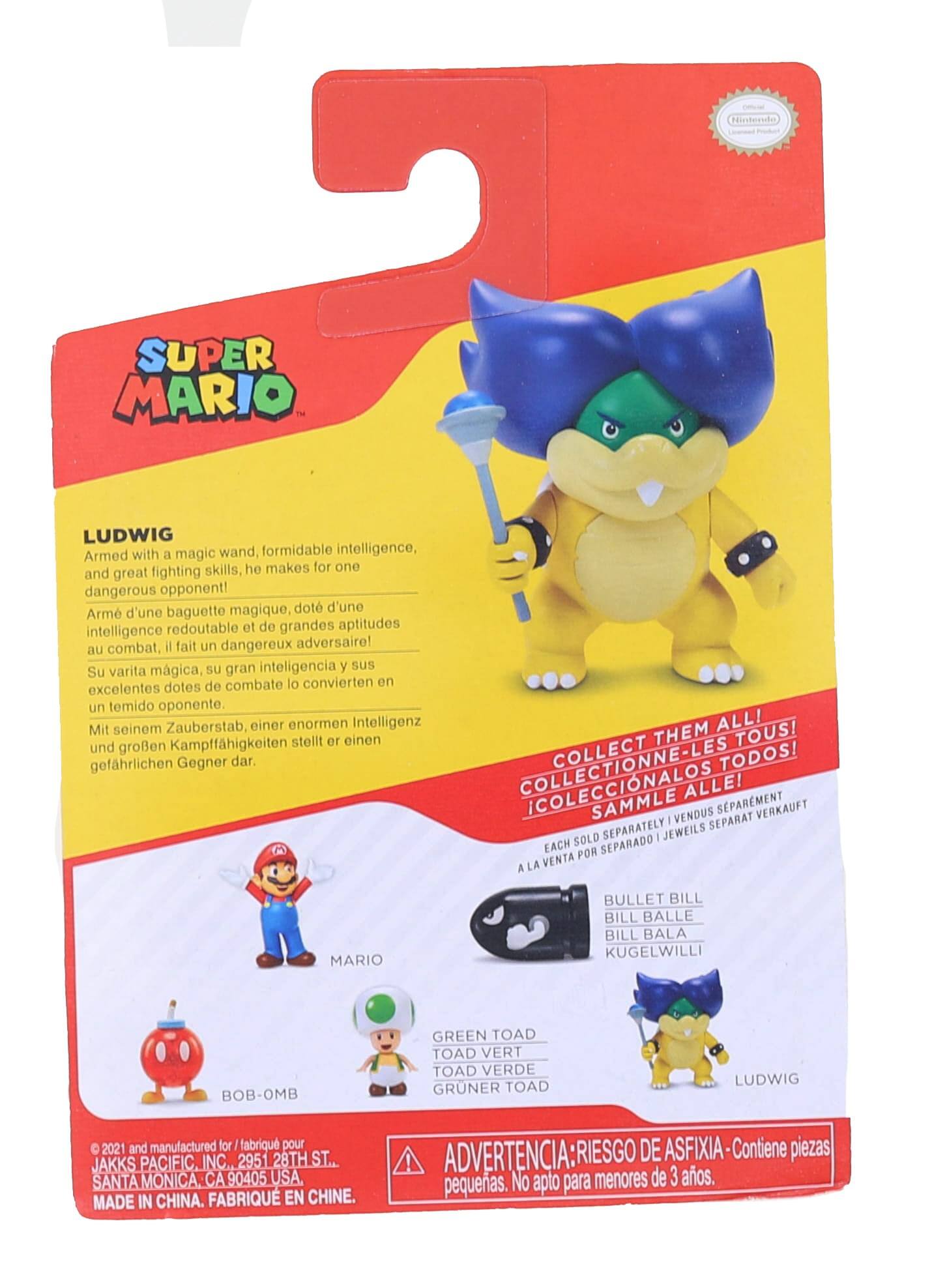 **Super Mario**

**Ludwig**  
Armed with a magic wand, formidable intelligence, and great fighting skills, he makes for one dangerous opponent!  
Arme d'une baguette magique, doté d'une intelligence redoutable et de grandes aptitudes au combat, il fait un dangereux adversaire!  
Su varita mágica, su gran inteligencia y sus excelentes dotes de combate lo convierten en un temido oponente.  
Mit seinem Zauberstab, einer enormen Intelligenz und großen Kampffähigkeiten stellt er einen gefährlichen Gegner dar.

**Collect Them All!**  
Collectionne les tous!  
Colecciona todos!  
Sammle alle!  
A la venta por separado

**Mario**  
**Green Toad**  
**Bob-omb**  
**Bullet Bill**  
**Ludwig**

**Advertencia: Riesgo de asfixia - Contiene piezas pequeñas. No apto para menores de 3 años.**

© 2021 and manufactured for / fabriqué pour JAKKS PACIFIC INC., 2951 28TH ST., SANTA MON