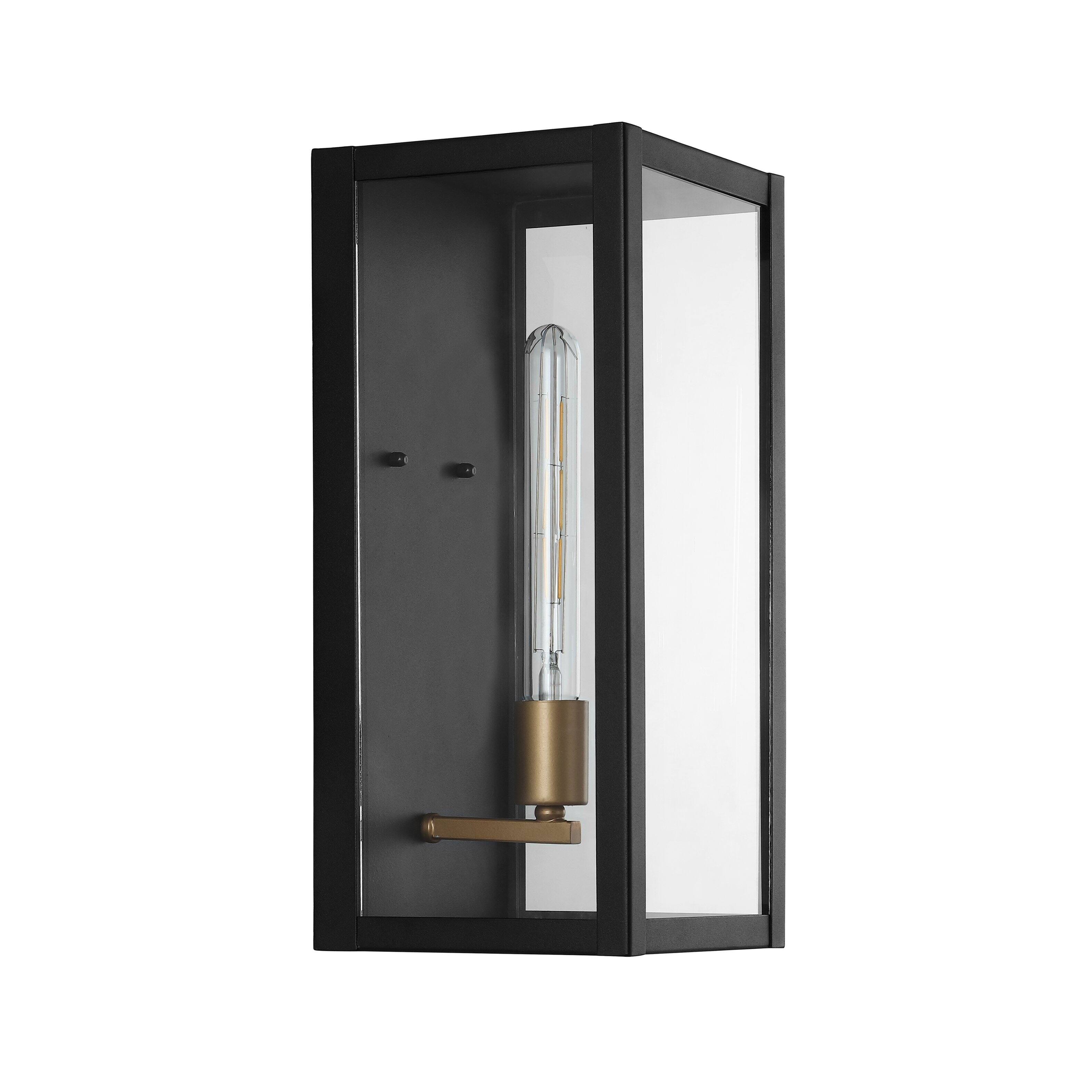 Alt View 10. Jonathan Y - Berlin 16" Modern Industrial Indoor/Outdoor Rectangular Iron/Glass LED Outdoor Lantern, Black/Gold Painting - Black/Gold Painting.