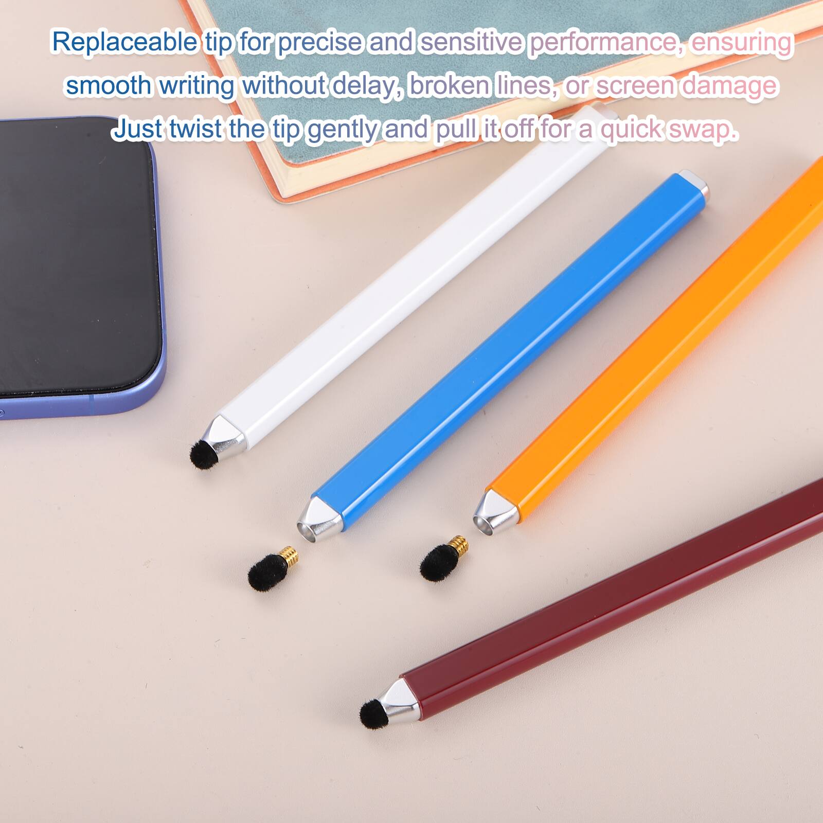 Replaceable tip for precise and sensitive performance, ensuring smooth writing without delay, broken lines, or screen damage. Just twist the tip gently and pull it off for a quick swap.