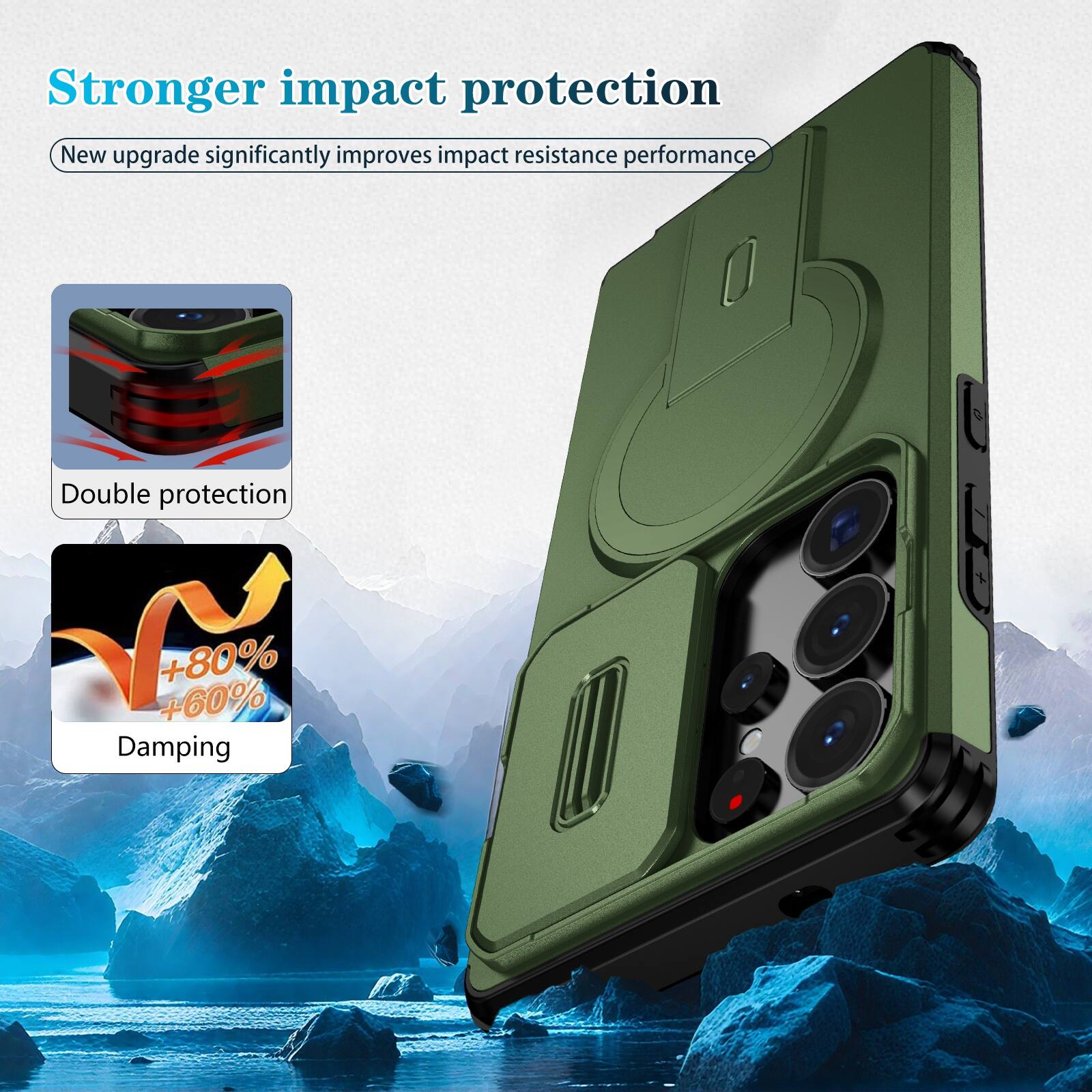 Stronger impact protection  
New upgrade significantly improves impact resistance performance  
Double protection  
+80% +60% Damping