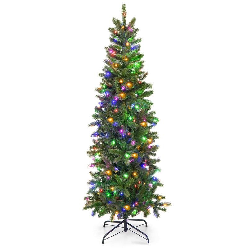 Front. WELLFOR - 5ft Pre‑lit Slim Pencil Artificial Christmas Tree with 390 Branch Tips &180 LED Lights for Holiday Indoor Decoration - Green.