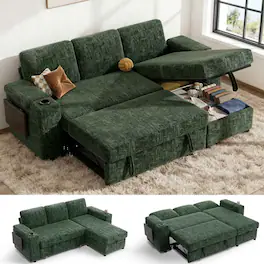 Dyonery - 85" Modular Sectional Sleeper Sofa with Pull Out Bed, 3 Seat L Shaped with Reclining Backrest,Chenille Green - Green