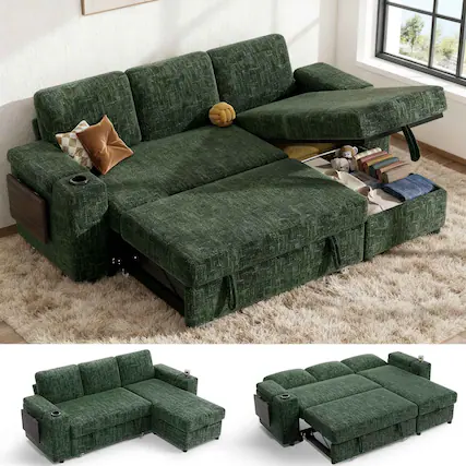 Front. Dyonery - Dyonery 85" Modular Sectional Sleeper Sofa with Pull Out Bed, 3 Seat L Shaped with Reclining Backrest,Chenille Green - Green.