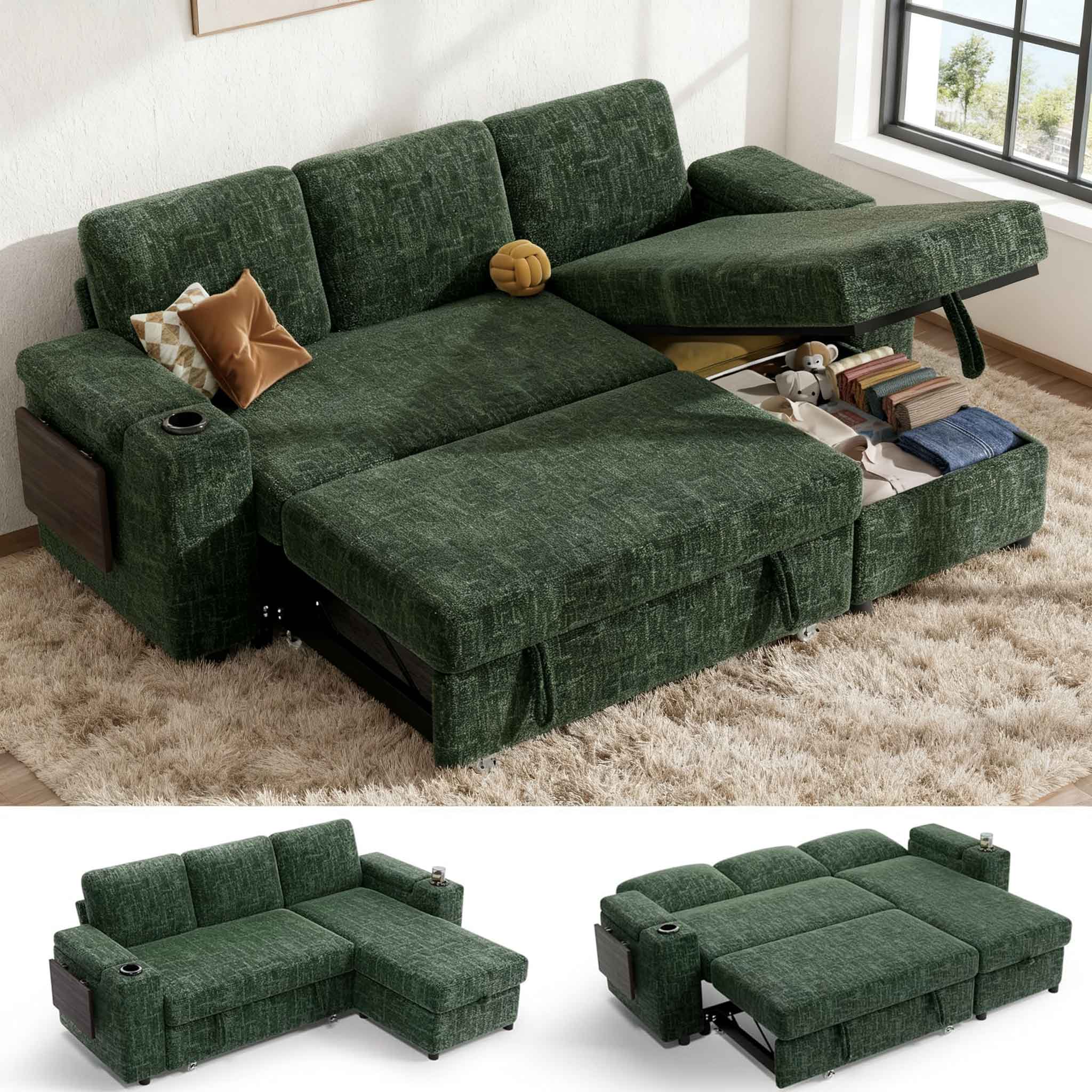 Front. Dyonery - Dyonery 85" Modular Sectional Sleeper Sofa with Pull Out Bed, 3 Seat L Shaped with Reclining Backrest,Chenille Green - Green.