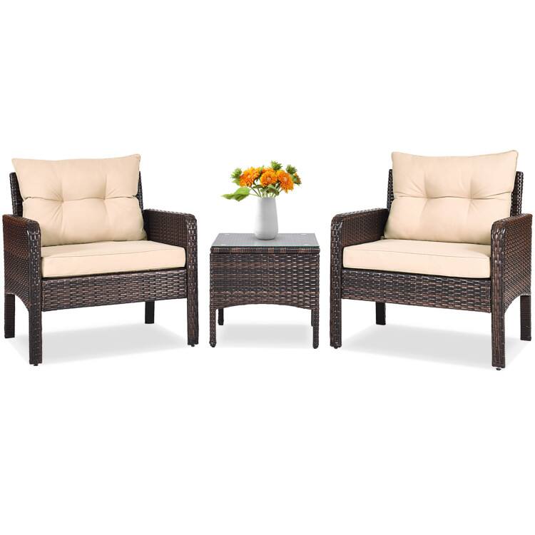 Alt View 2. Mondawe - 3 Piece Outdoor Patio Rattan Conversation Set with Seat Cushions for Garden - Beige.