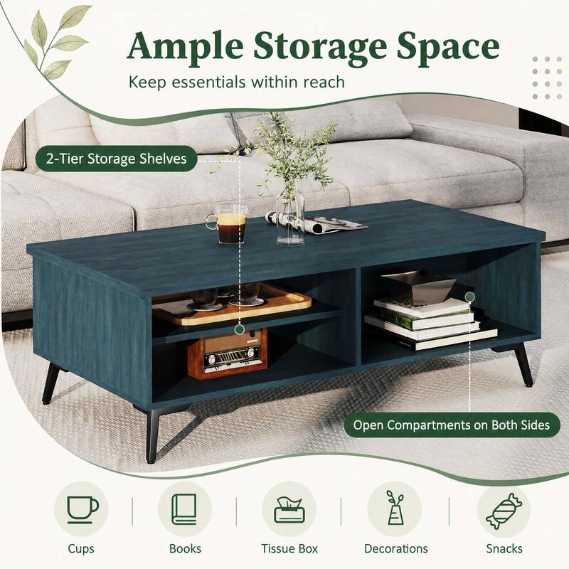 Ample Storage Space  
Keep essentials within reach

2-Tier Storage Shelves  
Open Compartments on Both Sides

Cups  
Books  
Tissue Box  
Decorations  
Snacks