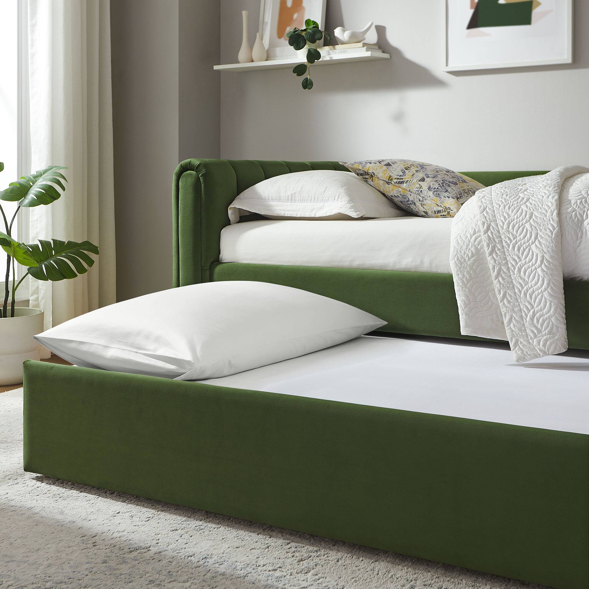 Alt View 2. Modway - Veyla Channel Tufted Performance Velvet Twin Daybed With Trundle by Modway - Moss Green.
