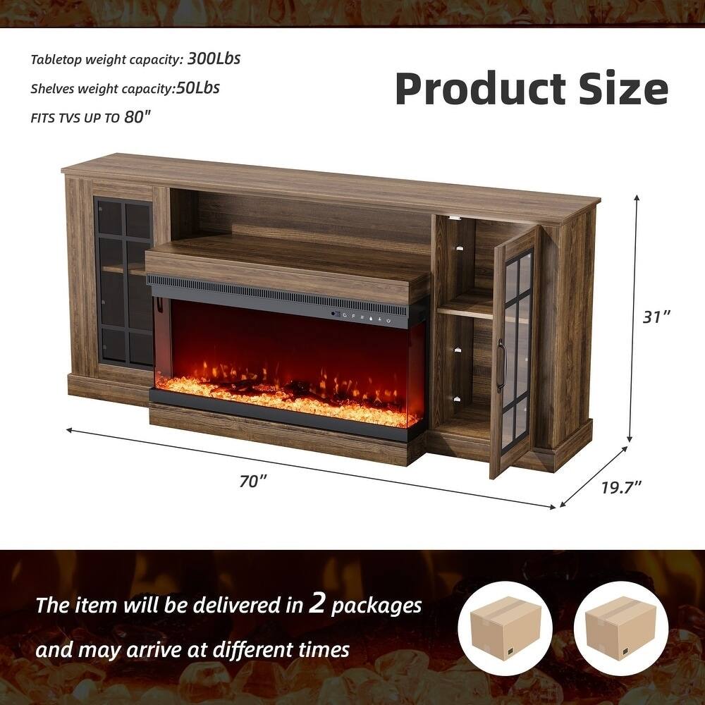 Tabletop weight capacity: 300Lbs  
Shelves weight capacity: 50Lbs  
FITS TVs UP TO 80"  

Product Size  
31" x 70" x 19.7"  

The item will be delivered in 2 packages and may arrive at different times