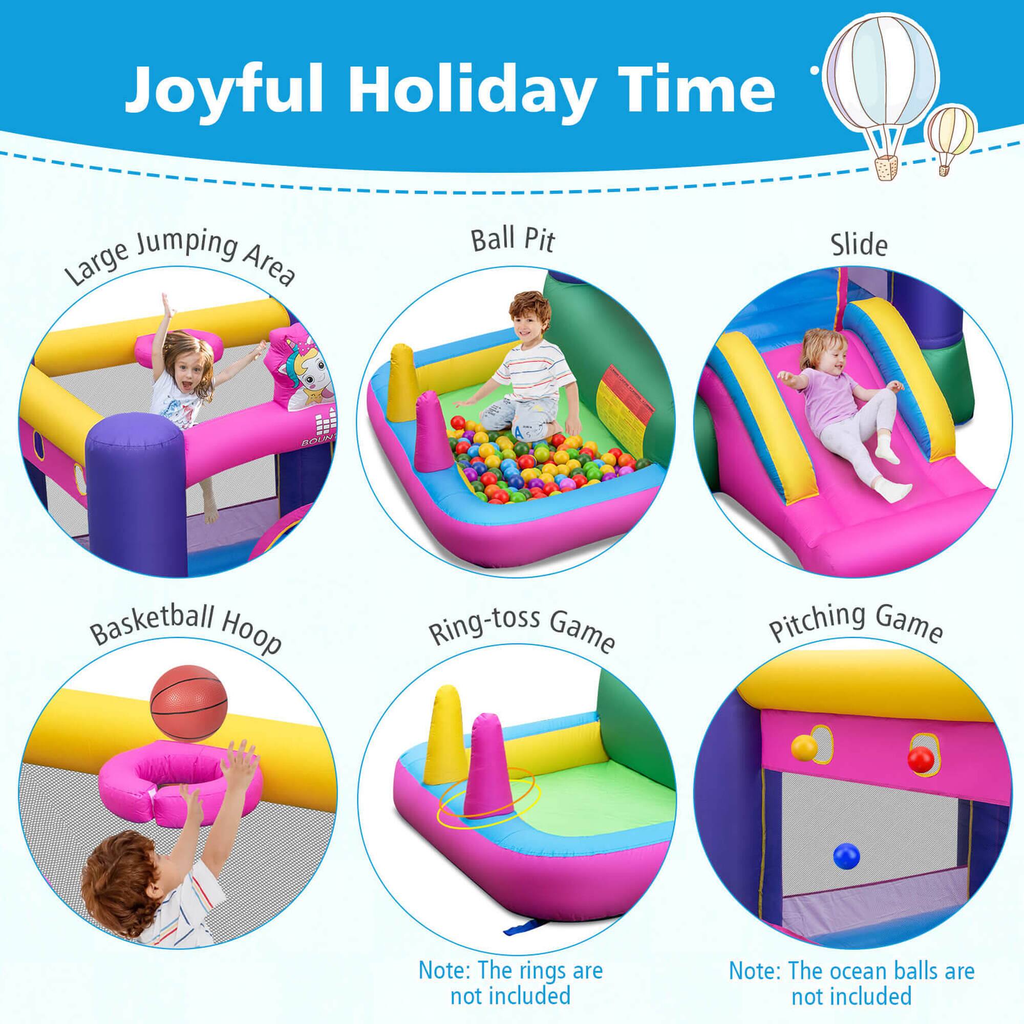 Joyful Holiday Time

- Large Jumping Area
- Ball Pit
- Slide
- Basketball Hoop
- Ring-toss Game
- Pitching Game

Note: The rings are not included
Note: The ocean balls are not included