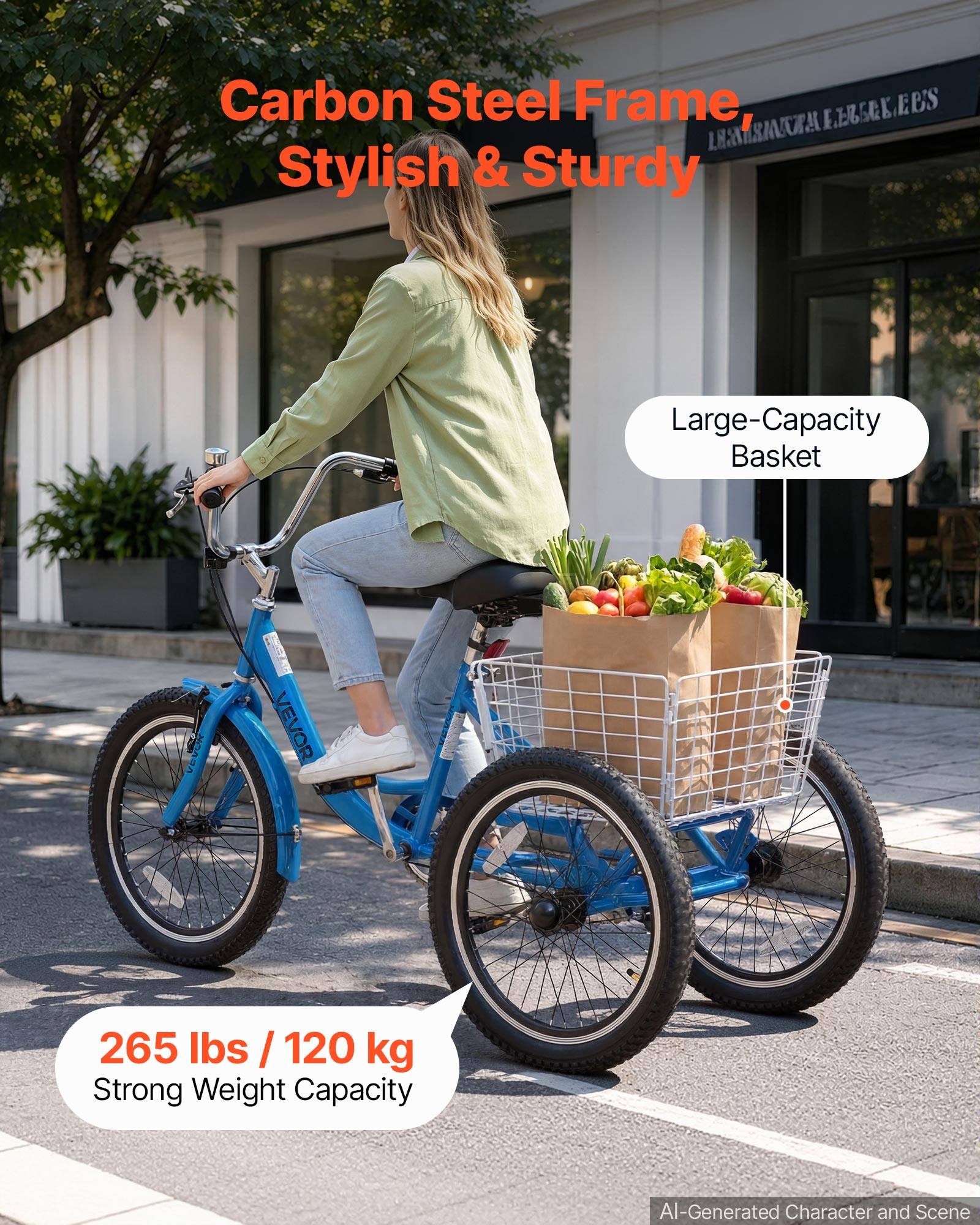 Carbon Steel Frame, Stylish & Sturdy  
Large-Capacity Basket  
265 lbs / 120 kg Strong Weight Capacity  
AI-Generated Character and Scene