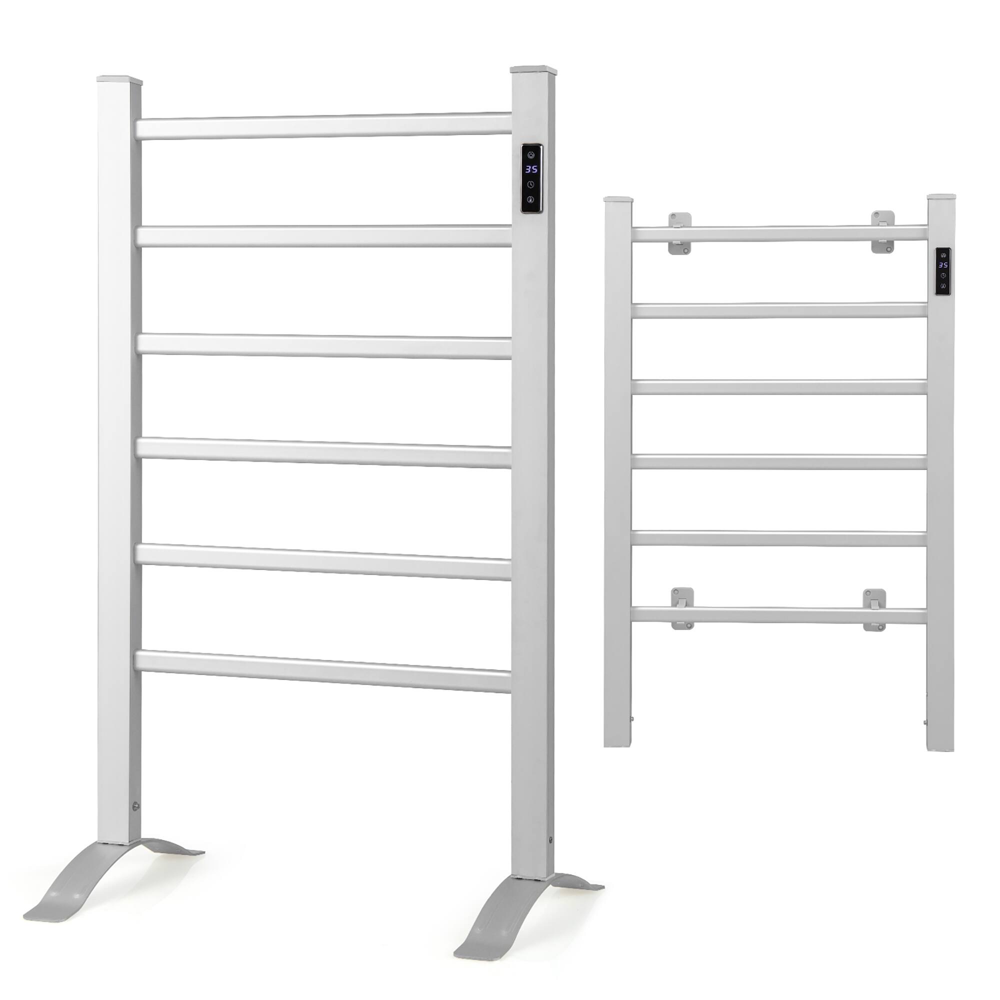 Costway - Freestanding Wall Mounted Towel Warmer 6-Bar Aluminum Heated Towel Rack w/ Timer - Silver