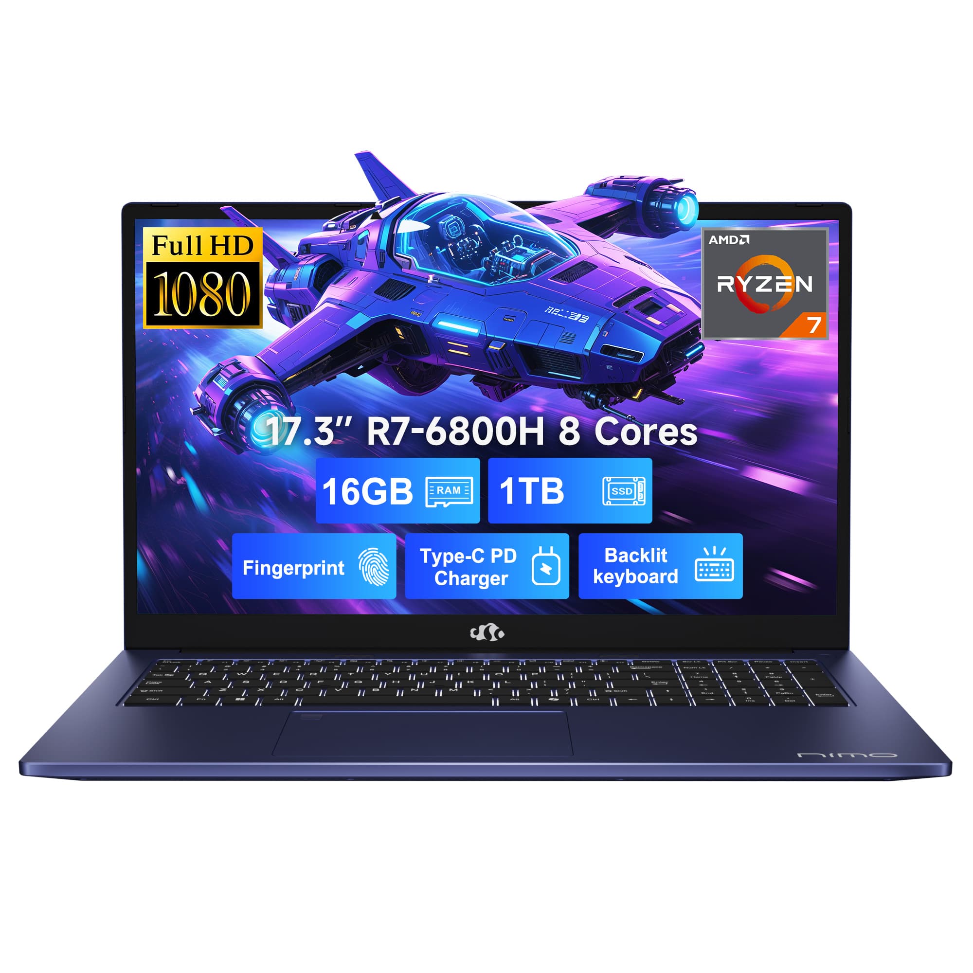 NIMO - 17.3" IPS FHD-Gaming-Laptop, 8 Cores AMD Ryzen 7 6800H 16GB DDR5 RAM 1TB SSD 4.7GHz Fingerprint 100W - Blue