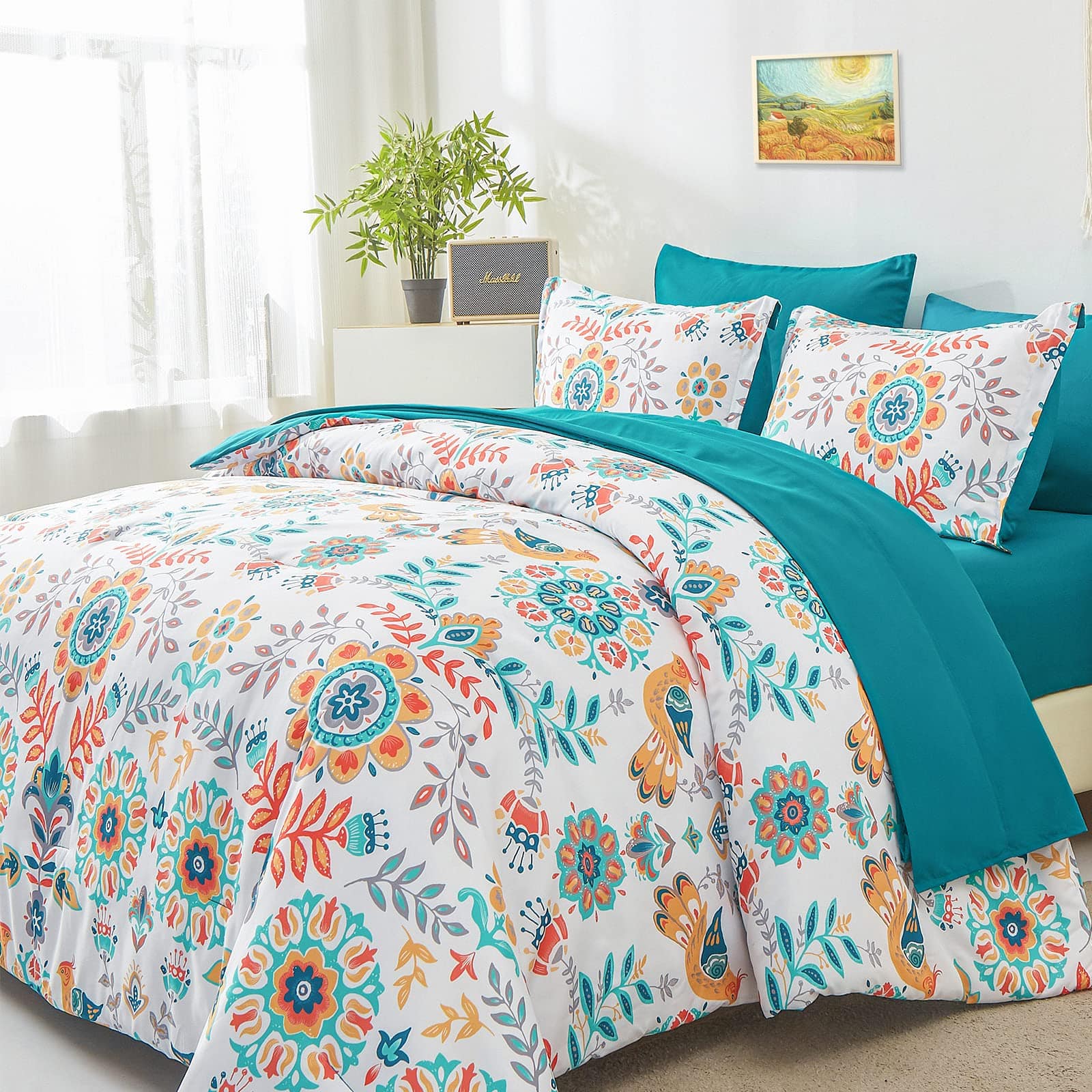 NICHOLAS KLEIN - Boho Comforter Set Queen - Bed In A Bag Floral Medallions Design Bohemian With Sheets Soft Microfiber Compl - Blue Queen