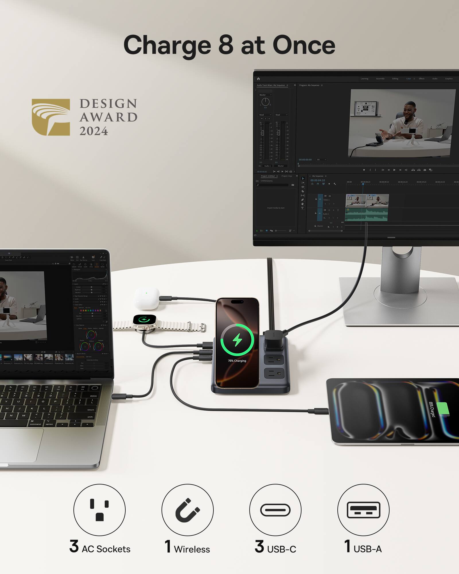 Charge 8 at Once | Design Award 2024 | 3 AC Sockets | 1 Wireless | 3 USB-C | 1 USB-A