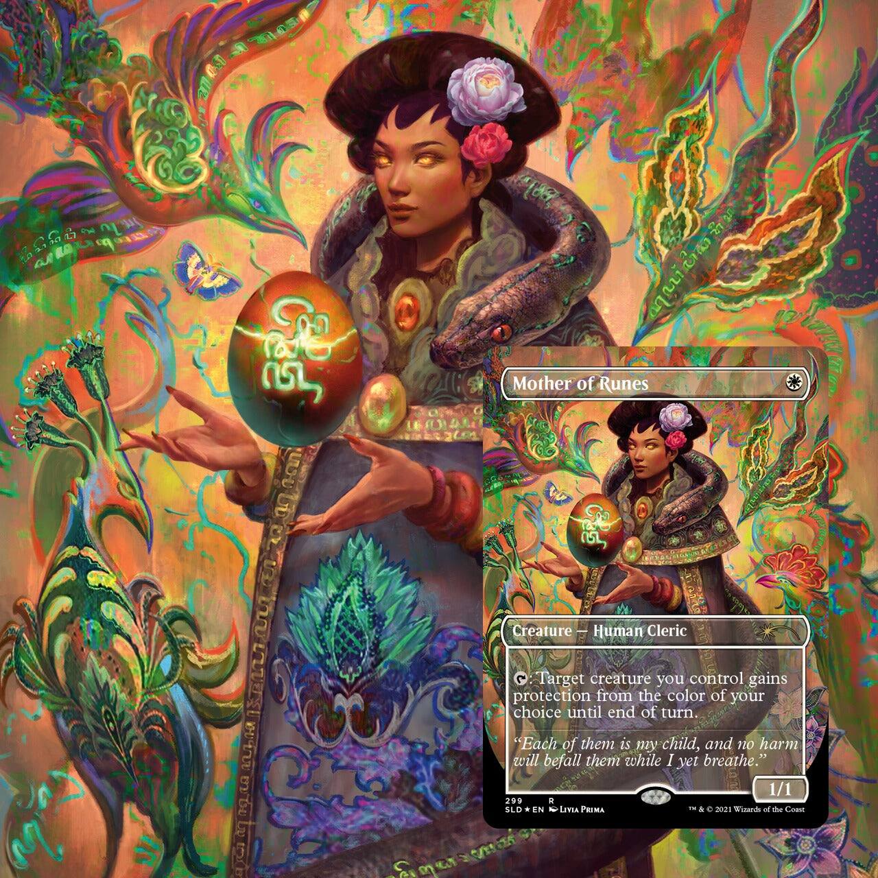 - J Mother of Runes  
I'm ET 5  
Creature Human Cleric 3  
Target creature you control gains protection from the color of your choice until end of turn.  
"Each of them is my child, and no harm will befall them while I yet breathe."  
1/1  
290  
i SLD  
EN  
2  
LEVIATHAN PRIMA  
© 2021 Wizards of the Coast