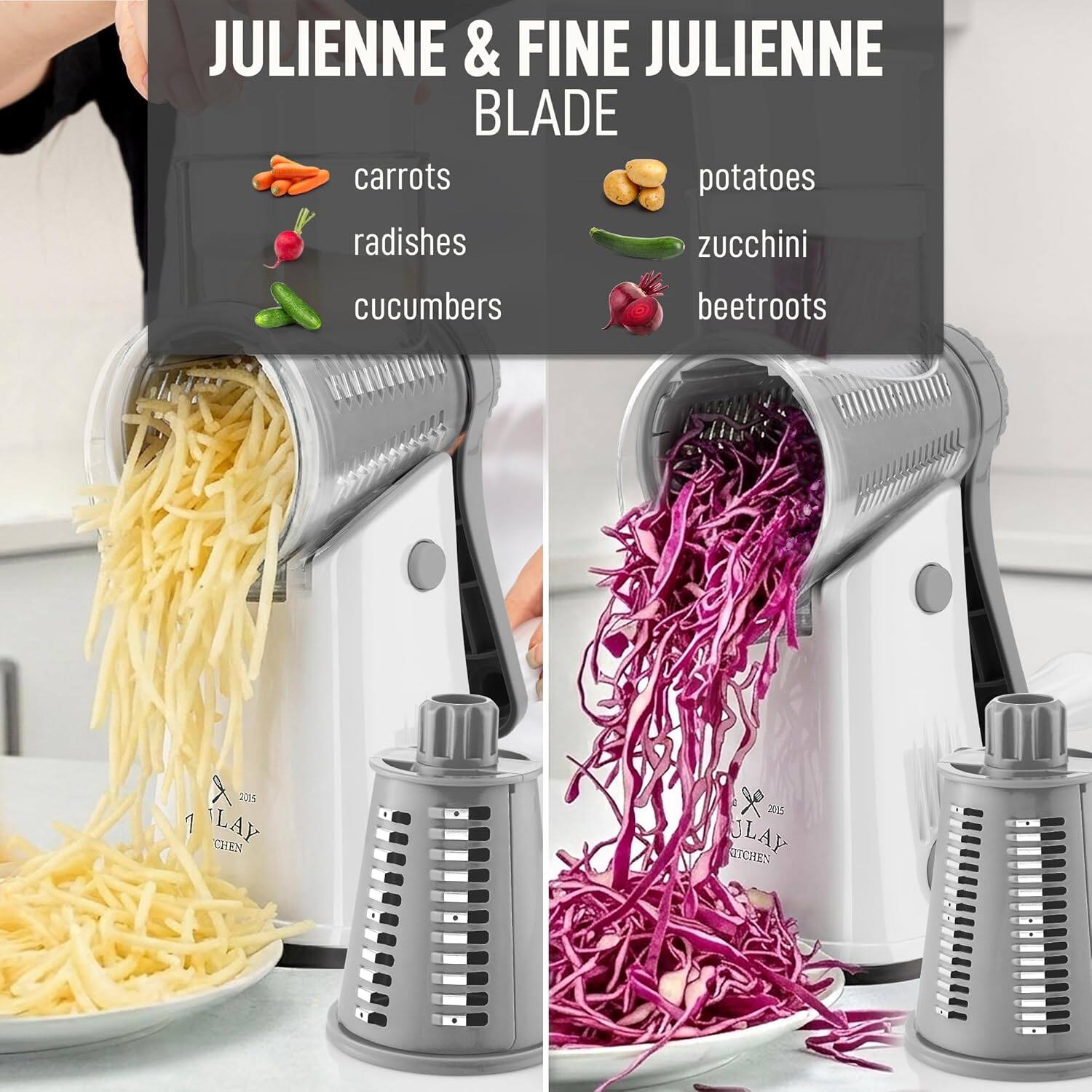 JULIENNE & FINE JULIENNE BLADE

carrots  
radishes  
cucumbers  
potatoes  
zucchini  
beetroots  

LAY CHEN x 2015  
ULAY ATCHEN