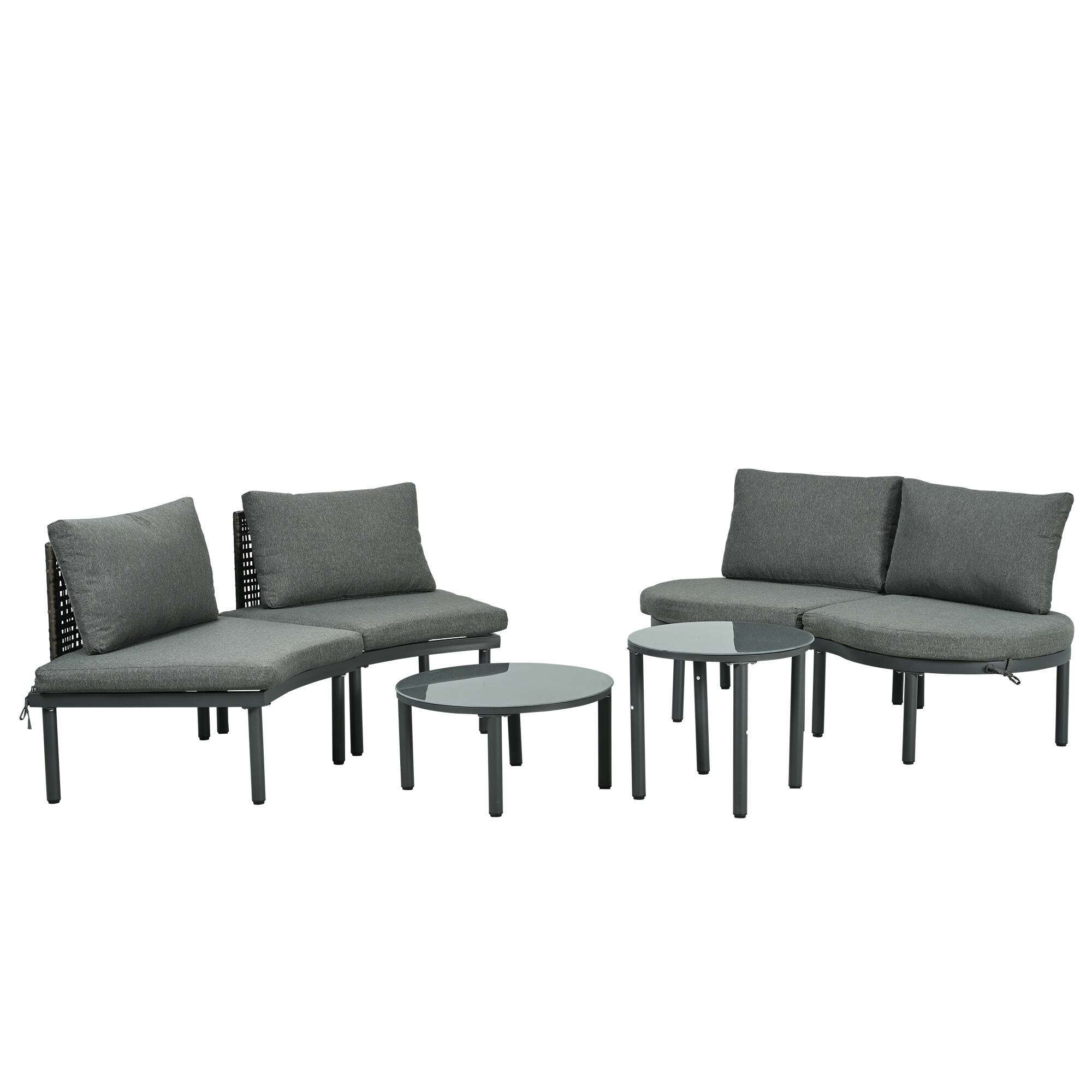 Alt View 7. Siljoy - 6-Piece Half Moon Wicker Patio Set, Gray, 2 Coffee Tables with Tempered Glass, Cushions & Pillows - Gray.