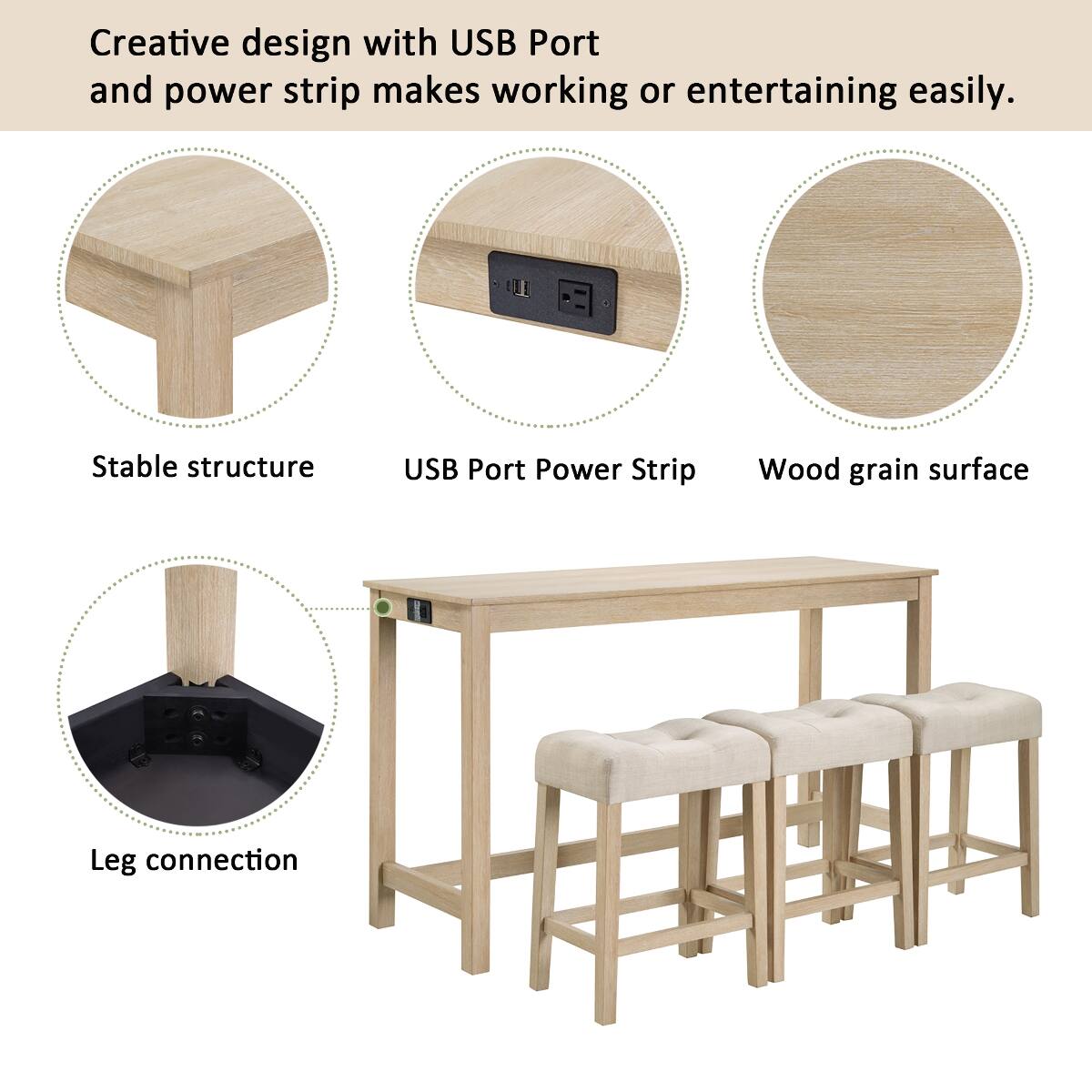 Creative design with USB Port and power strip makes working or entertaining easily.

- Stable structure
- USB Port Power Strip
- Wood grain surface
- Leg connection