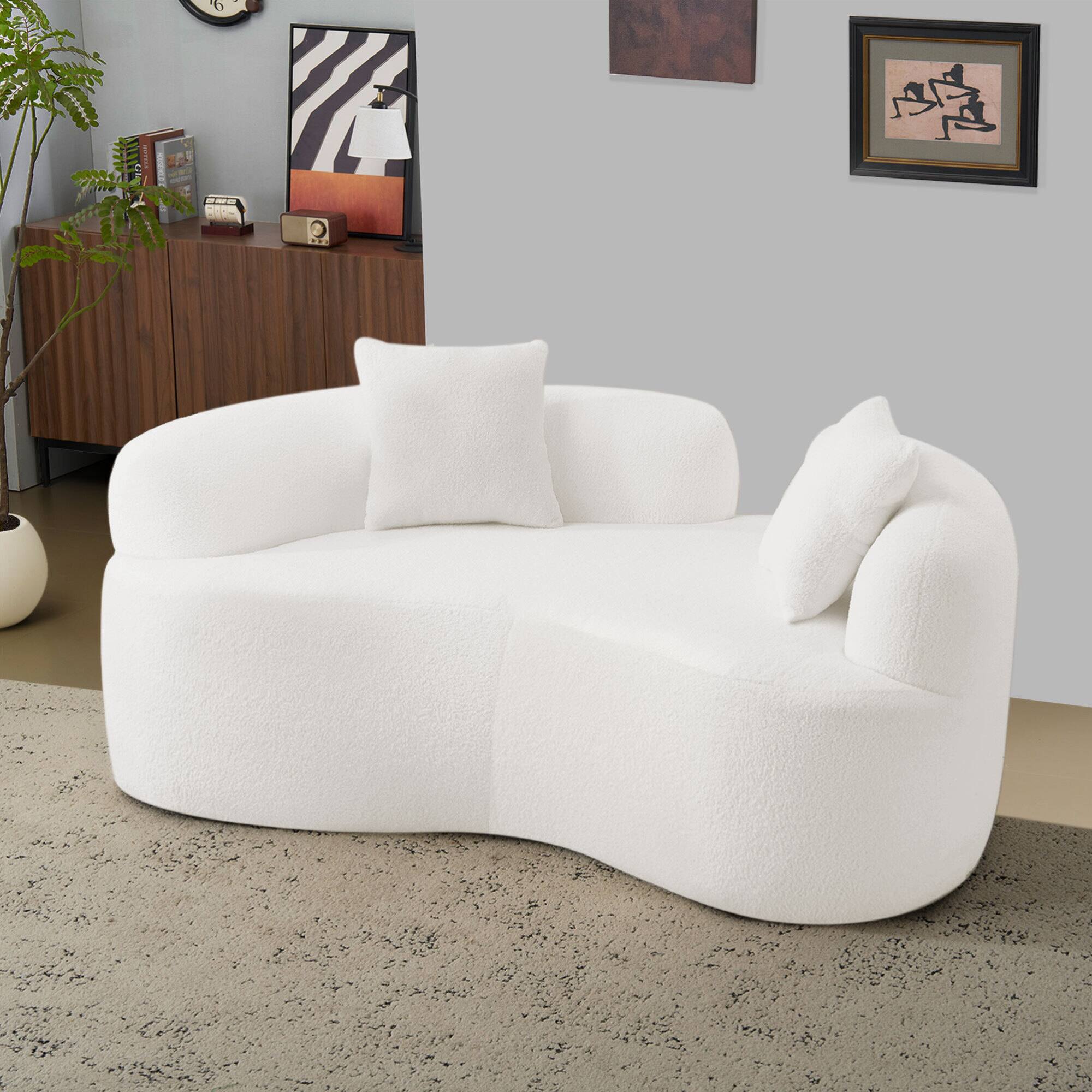 Left. GOODSILO - Modern Curved Loveseat Sofa with Teddy Velvet Fabric for Small Spaces and Apartments - White.