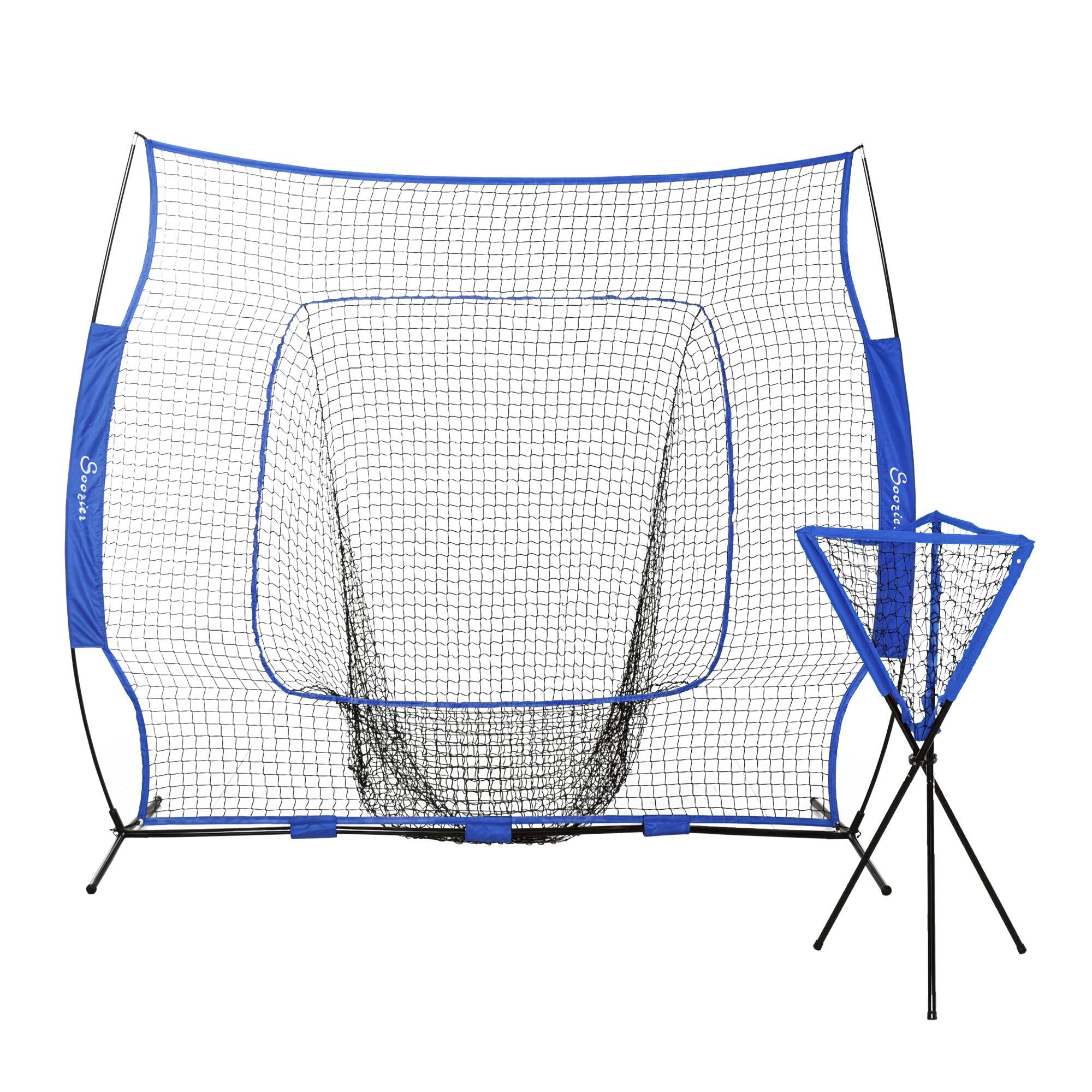 Soozier - 7.5x7ft Baseball Catcher Net Set, Ball Caddy, Portable Pitching Net for Hitting, Batting - Blue
