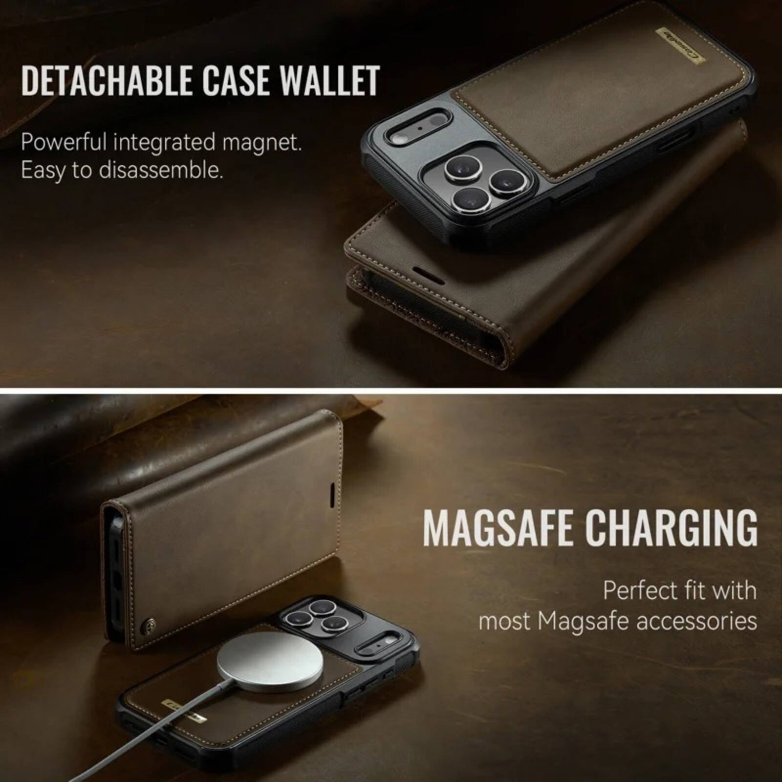 DETACHABLE CASE WALLET  
Powerful integrated magnet.  
Easy to disassemble.  

MAGSAFE CHARGING  
Perfect fit with most Magsafe accessories
