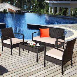 Gymax - 4PCS Patio Rattan Set Cushioned Sectional Sofa Glass Table - as pics