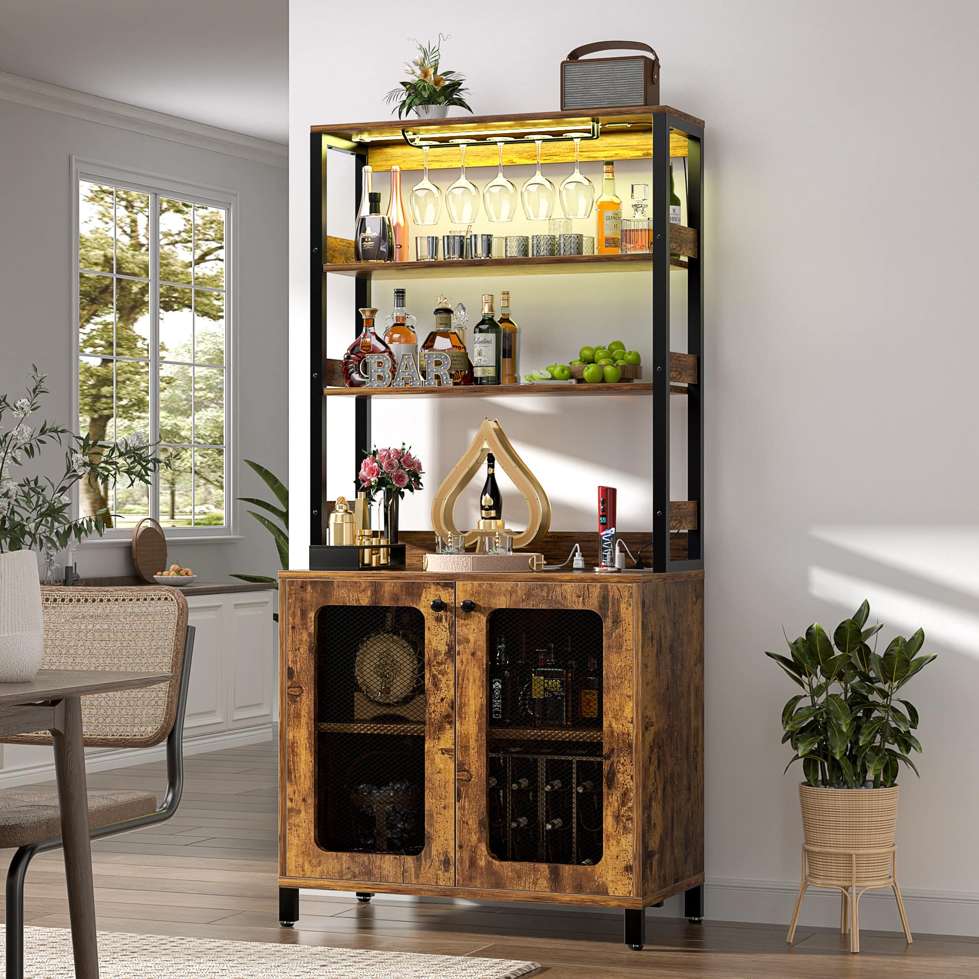 Aheaplus - 67'' Tall Wine Cabinet with LED Light and Power Strip, Liquor Cabinet with Glass Holder & Shelves - Brown